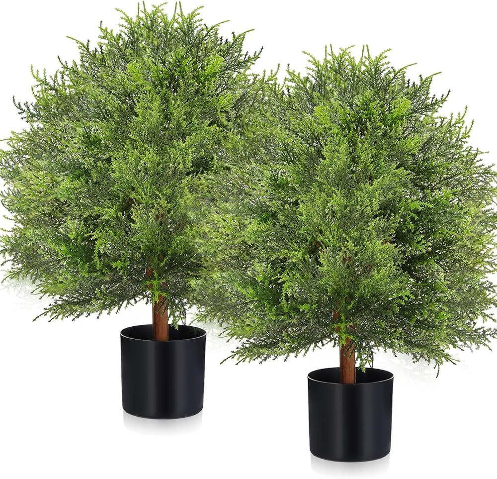 2 Pieces 20'' Artificial Cedar Topiary Ball Tree Faux Potted Plants Fake Bushes Artificial Outdoo... | Amazon (US)