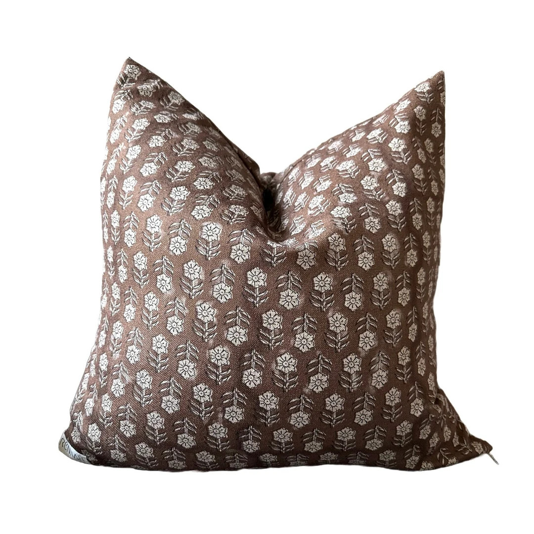 Roux Pillow Cover, Brown, Cream, Floral, Bohemian Eclectic, Linen, Beautiful Pattern, Soft, Natur... | Etsy (US)