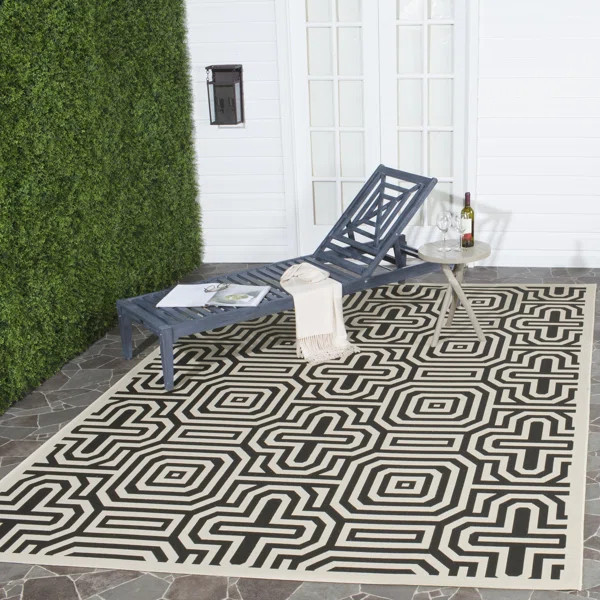 Sherree Geometric Sand/Black Indoor / Outdoor Area Rug | Wayfair North America