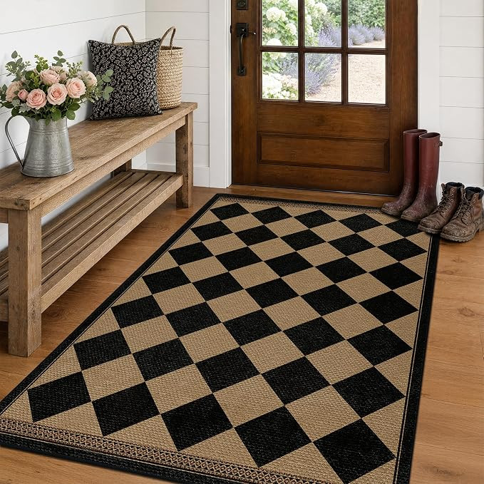 Black & Brown Checkered Easy Jute Outdoor Rug 4x6 for Porch Patio, Washable Non-Slip Diamond Chec... | Amazon (US)
