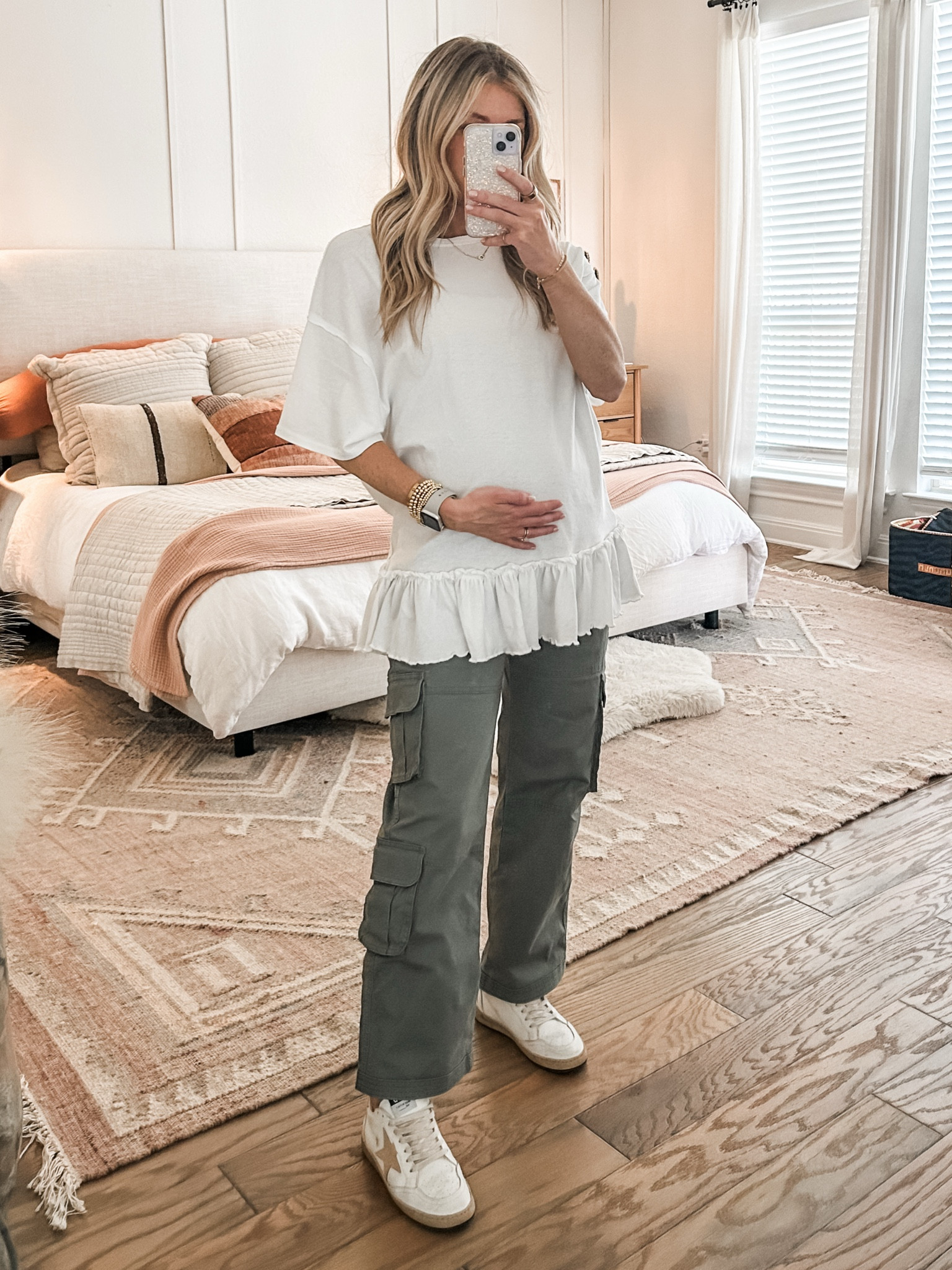 maternity cargo pants (i got my normal 25 short!!) 
and i’ve worn this top multiple times. size xs (it’s oversized!) 
ballstar golden goose sneakers

#LTKStyleTip #LTKBump #LTKSaleAlert