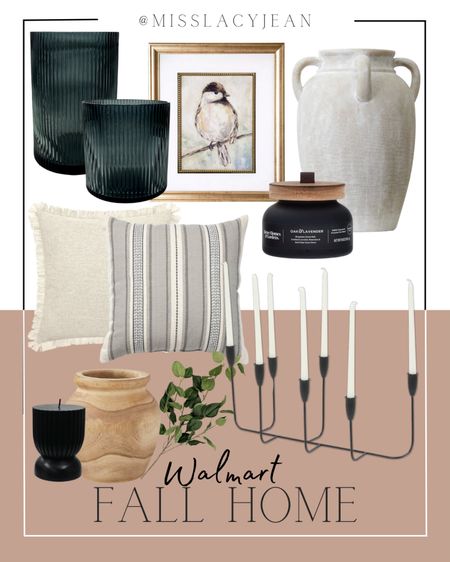Walmart home accents include fluted hurricanes, jug vase, wall art, candle, throw pillows, candelabra, black candle, wooden vase, faux greenery stems.

Home decor, looks for less, Walmart home decor, home finds, Walmart finds

#LTKstyletip #LTKhome #LTKfindsunder50