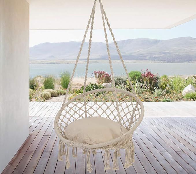 Patio Watcher Hammock Chair Macrame Swing with Cushion and Hanging Hardware Kits, Handmade Knitte... | Amazon (US)