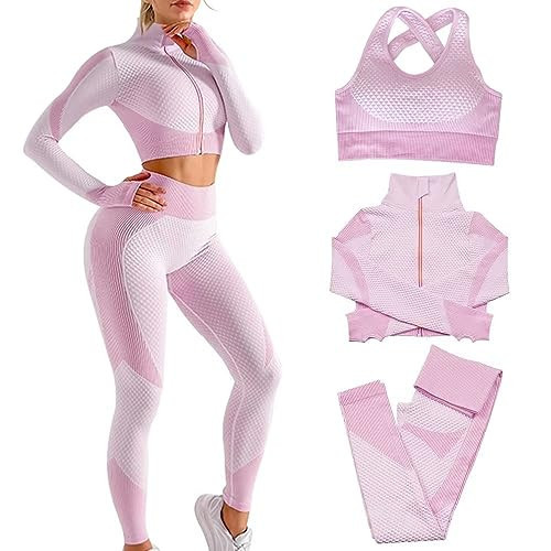 SINBRLAI Women's 3pcs Seamless Workout Outfits Sets, Yoga Sportswear Tracksuit Leggings and Stretch Sports Bra Fitness | Amazon (US)