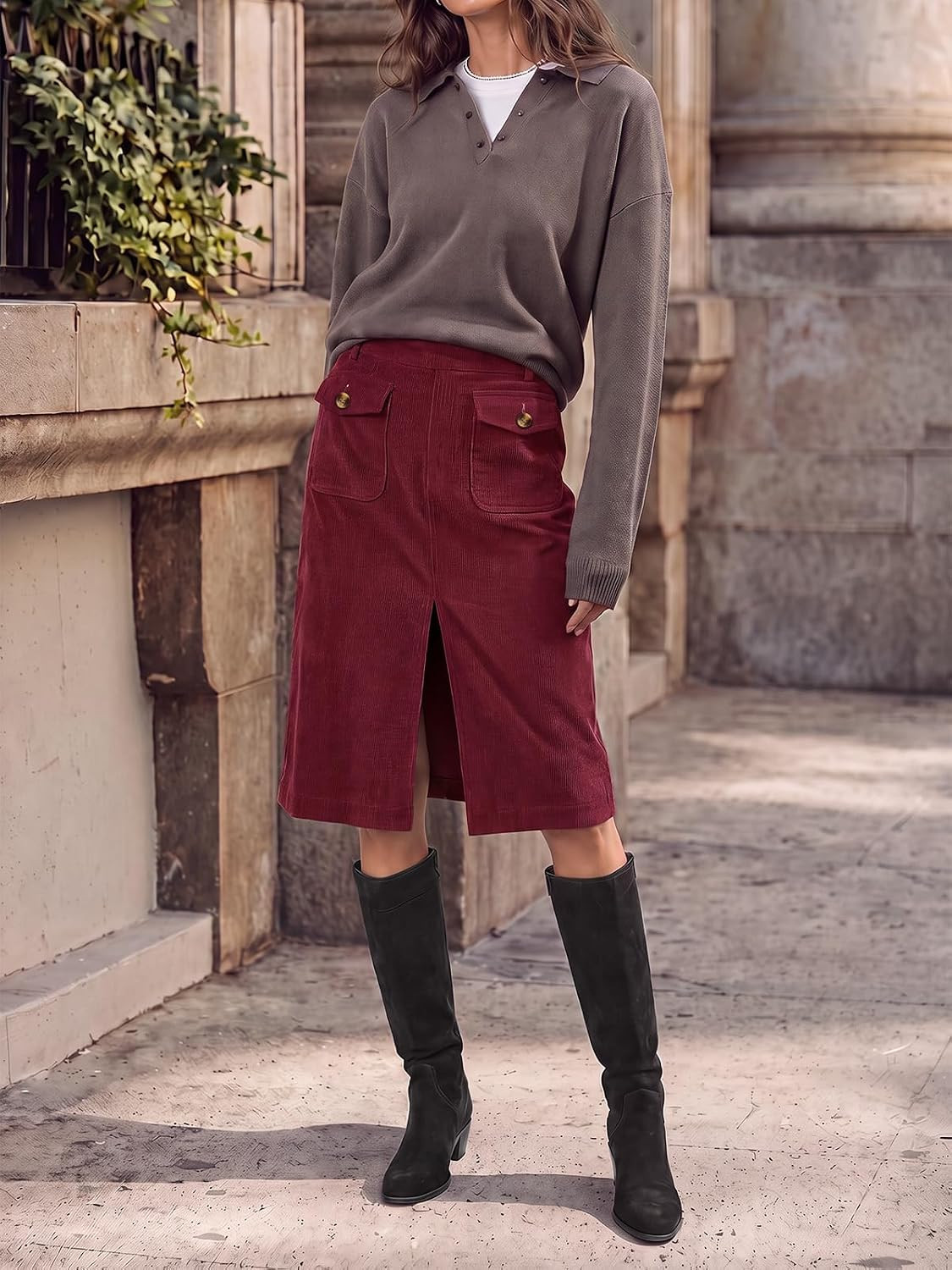 Cicy Bell Women Corduroy Midi Skirt Fall A-Line Front Slit Skirts | Amazon (US)