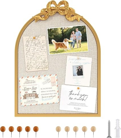 Vintage Gold Linen Cork Board, 16"x21" Arched Bulletin Board with Bow | Metal Frame, Decorative v... | Amazon (US)