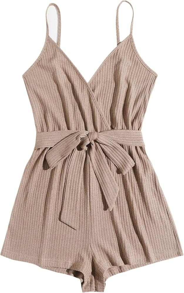 Milumia Women Wrap V Neck Spaghetti Straps Cami Romper High Waisted Belted Jumpsuit | Amazon (US)