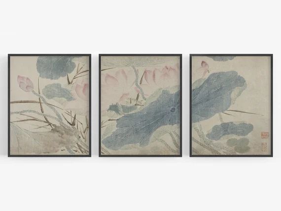 Triptych Set of Three Pink Lotus Flower Botanical Art Prints / | Etsy | Etsy (US)
