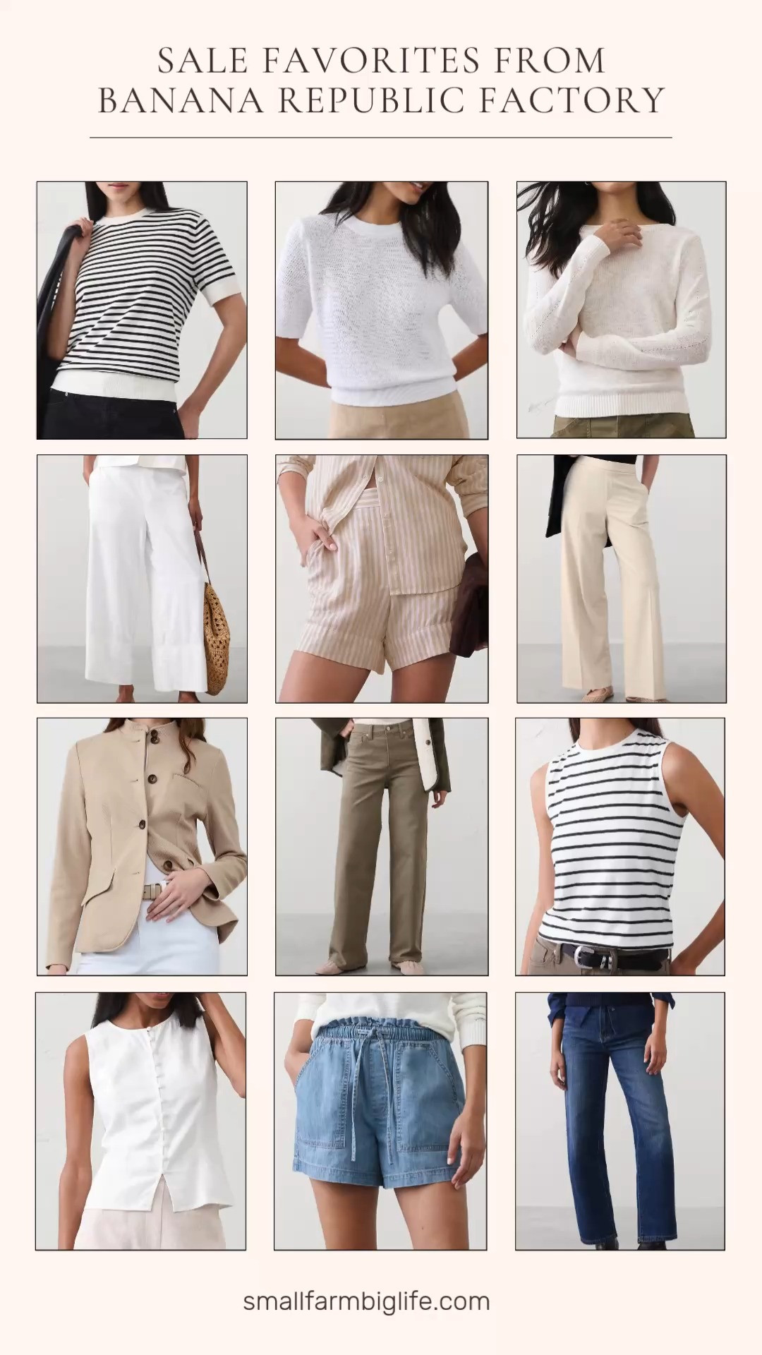 Banana Republic Factory is having a major sale right now and this is the kind of deal you do not want to sleep on 🙌 Up to 50% off your purchase plus an additional 20% off at checkout with no code needed, online only! I rounded up my favorites from the sale: a timeless black and white tank, a light blue pull on denim short, a linen rayon tie back top, a dark blue straight high rise jean, a ramie cotton pointelle sweater, wide leg high rise jeans in tan, a tan and white striped linen blend pull on short, the Hayden wide leg pant, a texture stitch cropped sweater, a black and white striped forever sweater tee, a knit pique blazer, and a wide leg linen blend cropped pull on pant in white. These are classic, elevated pieces at such an amazing price point and the linen and wide leg options are so perfect for spring and summer. Everything is linked and the discount applies automatically at checkout! 🛒 

 #LTKootd #LTKOver40 #LTKSaleAlert