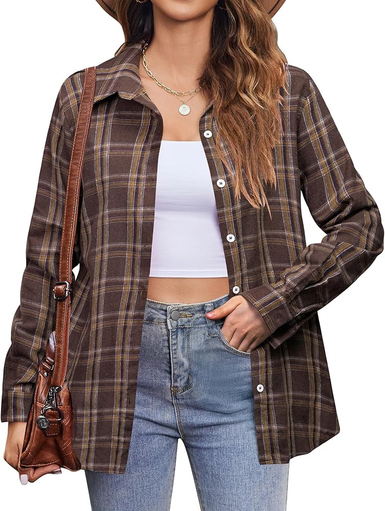 Zeagoo Flannel Shirt Women Button Down Long Sleeve Plaid Shirts Collared 2024 Casual Work Tops S-... | Amazon (US)