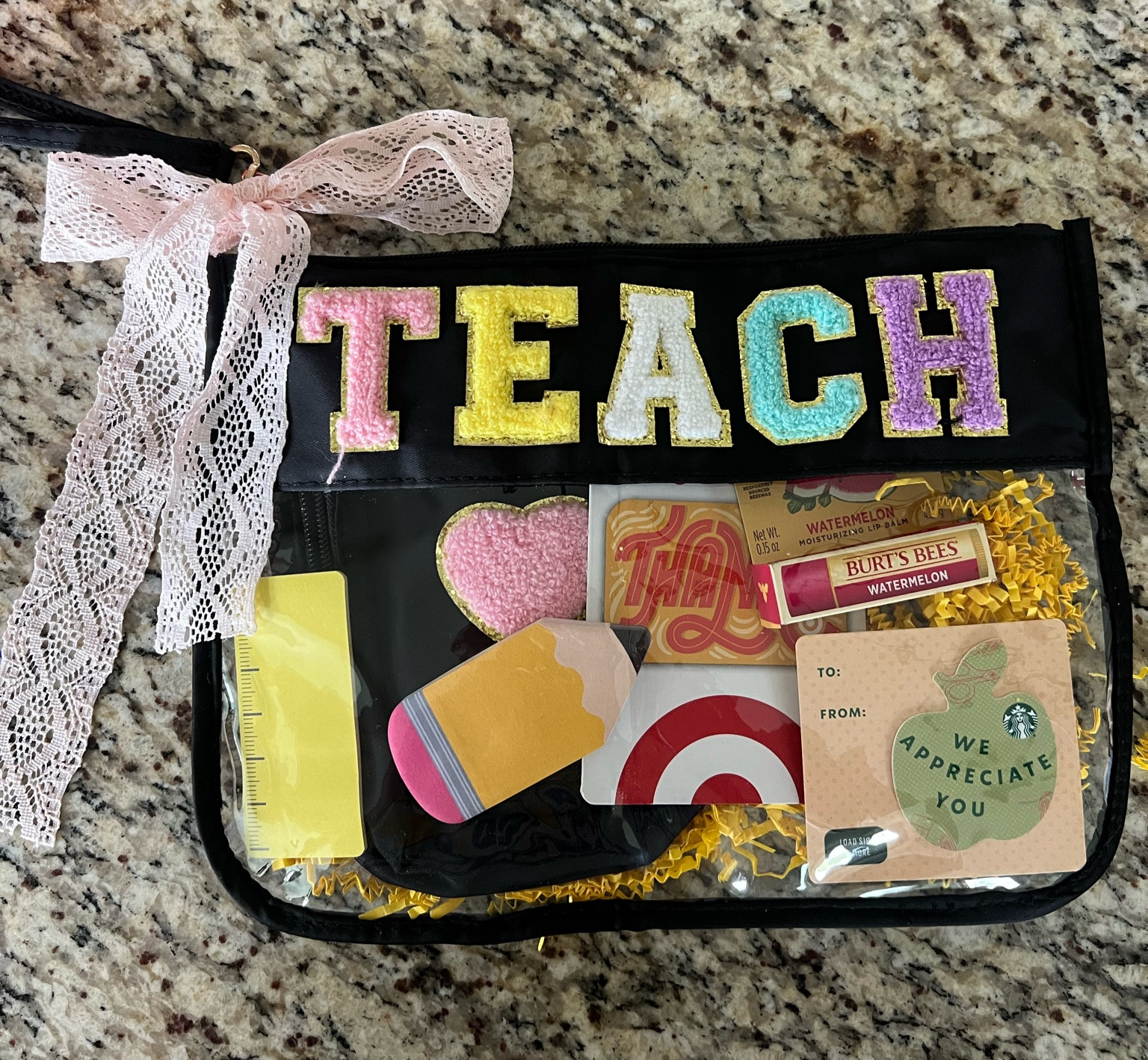 Here’s a teacher appreciation gift idea.  We added items from our teacher’s wish list to this cute teacher pouch.  Comment SHOP to recreate this for your teacher.  

#teacherappreciation #teachergift #giftidea

#LTKGiftGuide #LTKfamily #LTKitbag