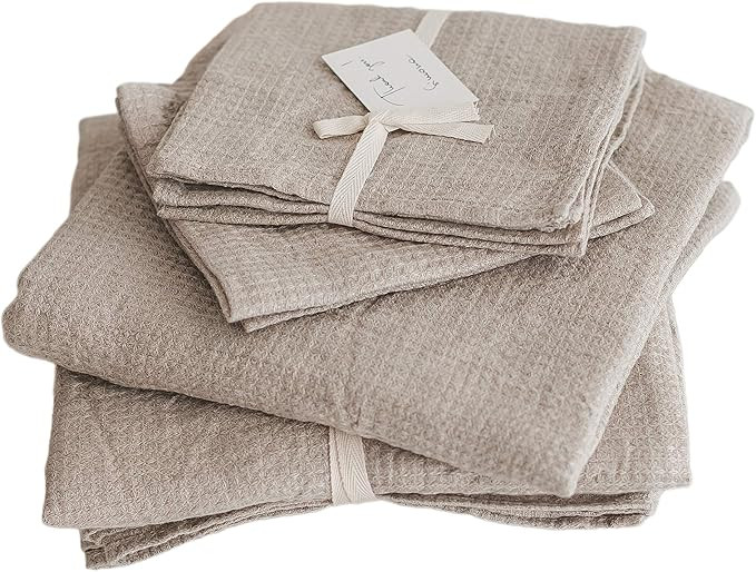 4-Piece 100% Linen Towels Set - 2 Bath Towels Set, 2 Hand Towel Sets - Natural Fiber Waffle Weave... | Amazon (US)