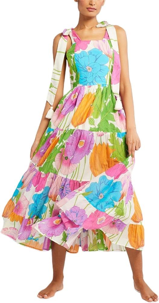 Women Boho Shoulder Tie Strap Dress Y2k Floral Smocked Flowy Long Dress Cute 2024 Summer Beach Ti... | Amazon (US)