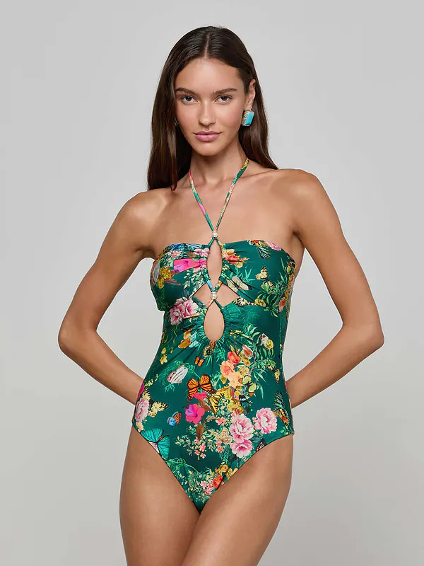 Shiva Keyhole Bandeau One Piece Swimsuit in Bottle Green Multi Charonda Butterfly | L'AGENCE | L'Agence