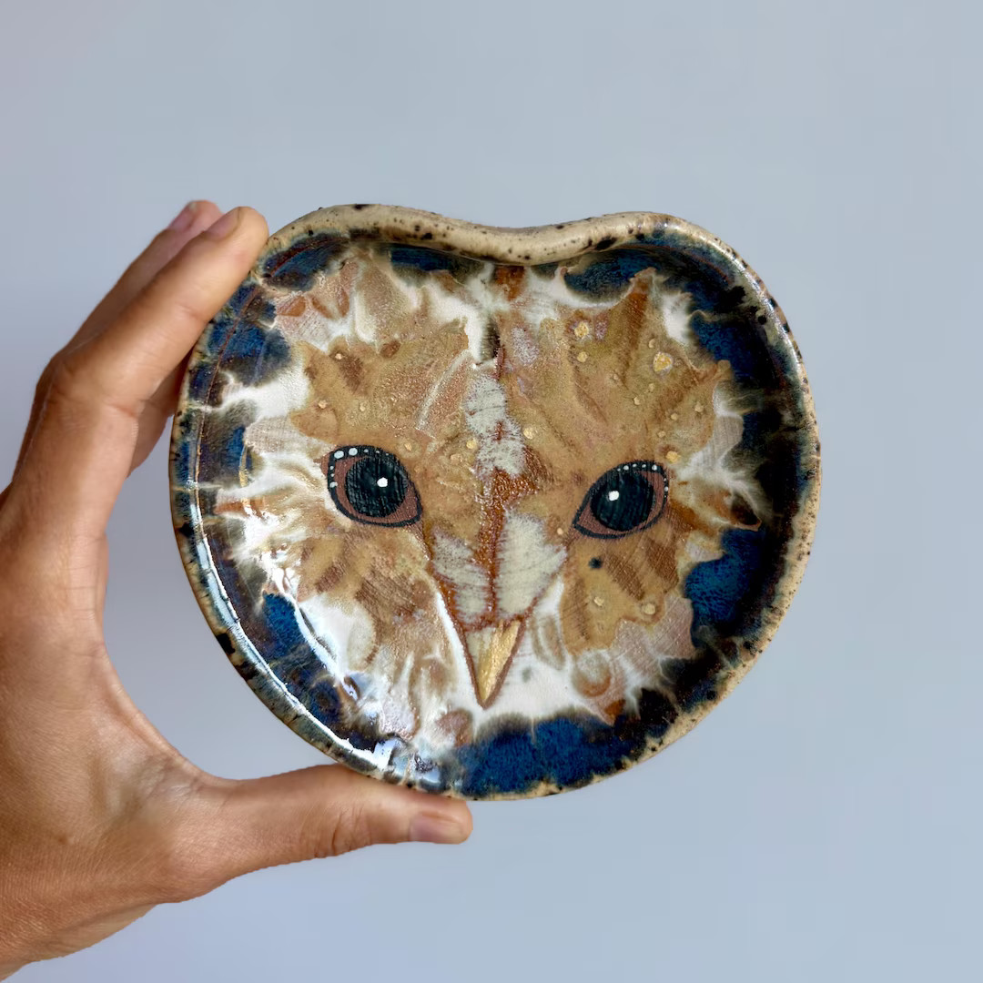 Hand Painted Barn Owl Pottery Dish | Stoneware Trinket Tray | Etsy (US)