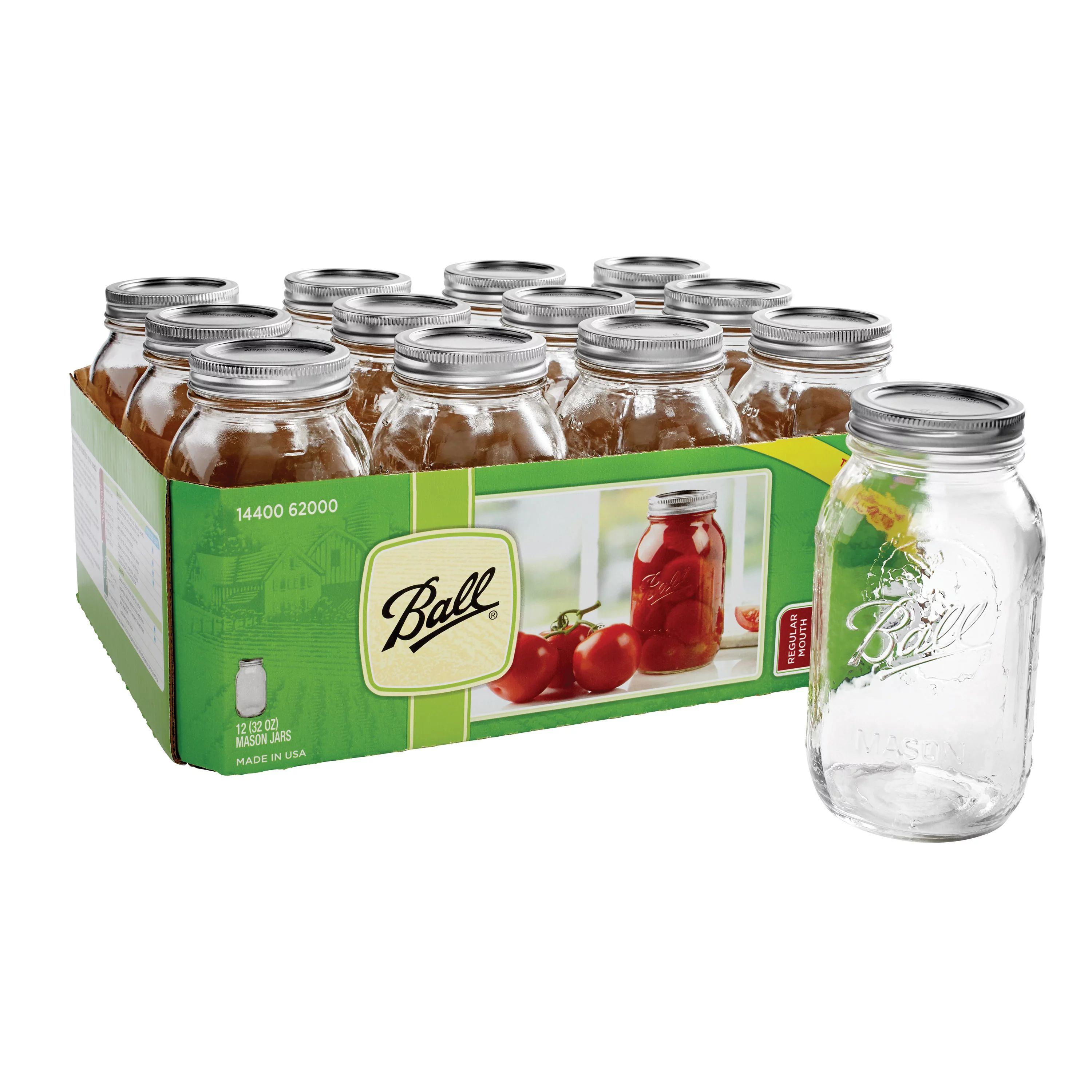 Ball, Glass Mason Jars with Lids & Bands, Regular Mouth, 32 oz, 12 Count | Walmart (US)