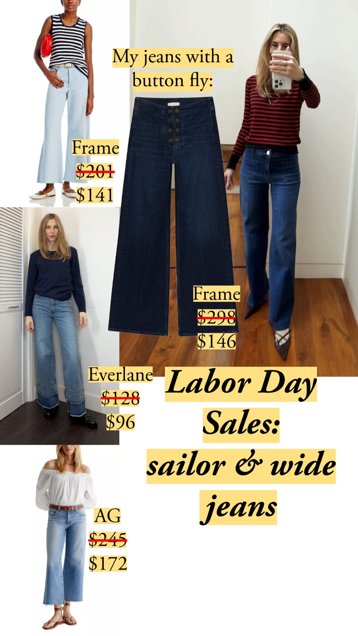 I love sailor jeans - the bit of fit at the waist adds just enough polish. Mine are from Frame, and the style is Le Slim with Bardot pockets. 

They have a really similar one on sale with a button fly. I wish they offered it in a second wash so I could get it. It’s now an extra 30% off. 

I’m 5’7” and wear a size 26

#LTKFallSale #LTKFindsUnder100 #LTKSaleAlert