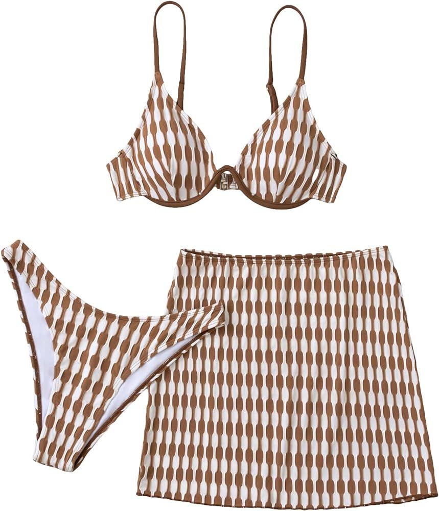 Verdusa Women's 3 Piece Bathing Suit Printed Underwire Bikini Swimsuit with Beach Skirt | Amazon (US)