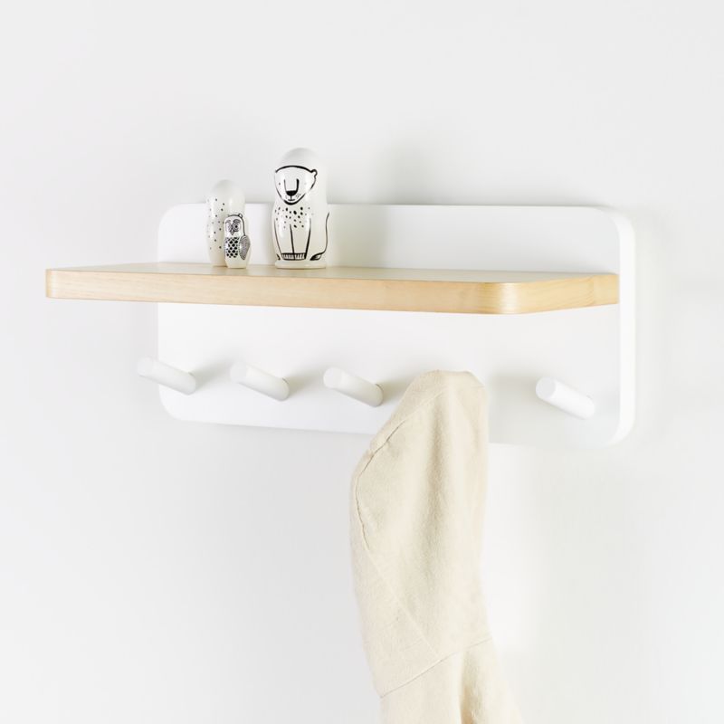 White and Natural Wood Shelf With Hooks + Reviews | Crate and Barrel | Crate & Barrel