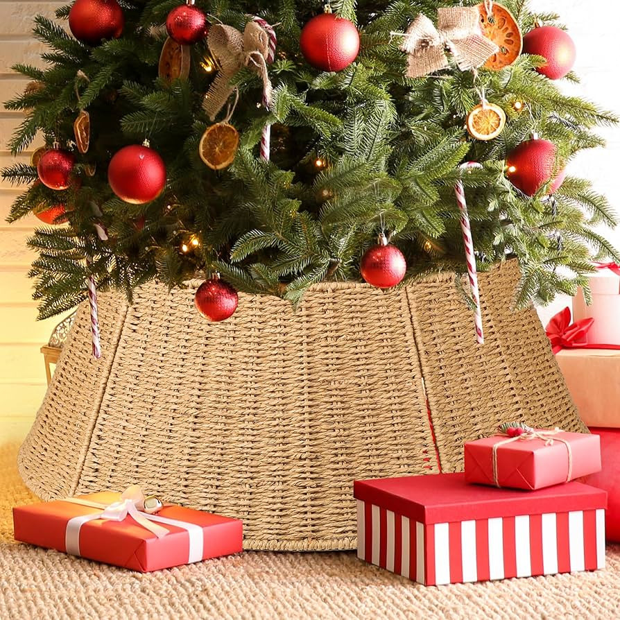 Christmas Tree Collar, 27 Inch Handmade Woven Rattan Base Cover for Christmas Tree, Farmhouse Chr... | Amazon (US)
