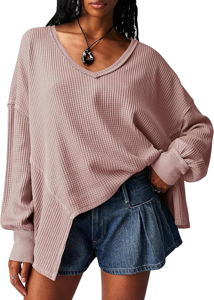 Ugerlov Women's Waffle Knit Tops Long Sleeve Shirt V Neck Oversized Pullover Sweatshirt Loose Cas... | Amazon (US)
