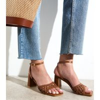 Women's Tan Faux Leather Woven Strap Block Heel Sandals Vegan New Look | New Look (UK)