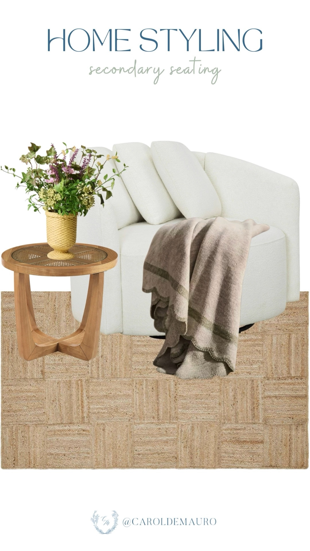 You don't need a total room makeover to make a big impact! Try giving your secondary seating a fresh look by layering natural textures like a woven rug, a scalloped throw, and a statement wood table.

living room goals, lounge area, neutral decor, interior styling, furniture piece, hygge home, cozy corner, home refresh

#LTKU #LTKHome #LTKSeasonal