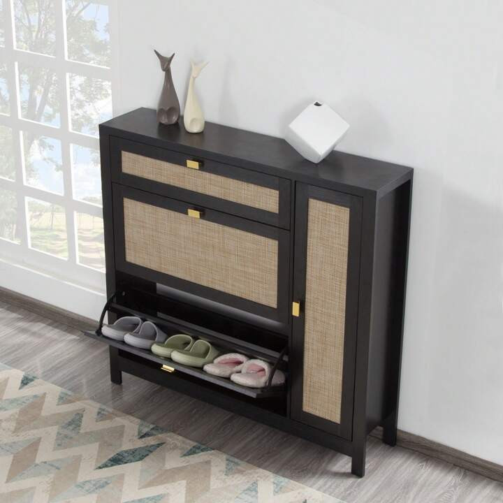 Nivtlpre Natural Wood 2 Flip Down With 1 Drawer Free-Standing Shoe Rack, Shoe Cabinet Wood Organizer Freestanding With 3-Tier Adjustable | SHEIN