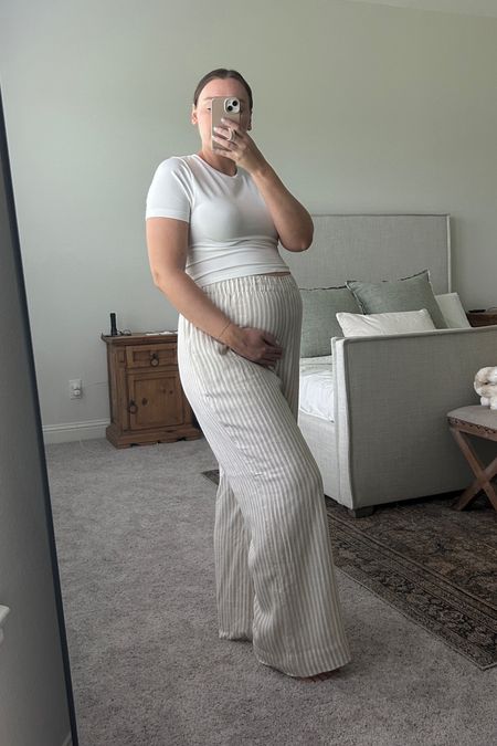 Bump friendly ootd! Linen pants from Abercrombie are double lined and so comfy! Wearing a Large-Long, I am 5’7” 🤍 

Top size M

#LTKstyletip #LTKfindsunder100 #LTKbump