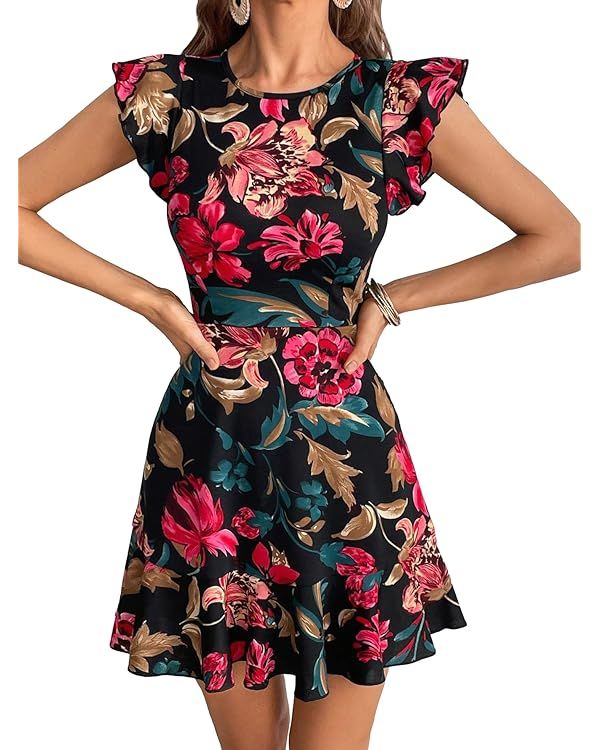 Floerns Women's V Back Inslace Layered Ruffle Hem Flutter Sleeve Dress | Amazon (US)