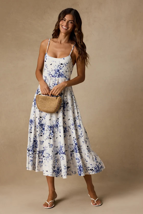 Mykonos Mood Ivory Floral Print Tie-Strap Tiered Midi Dress | Lulus