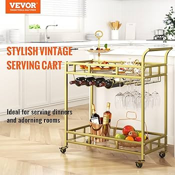 VEVOR Bar Cart Gold, 2 Tiers Home Bar Serving Cart on Lockable Wheels, Rolling Alcohol Cart with ... | Amazon (US)