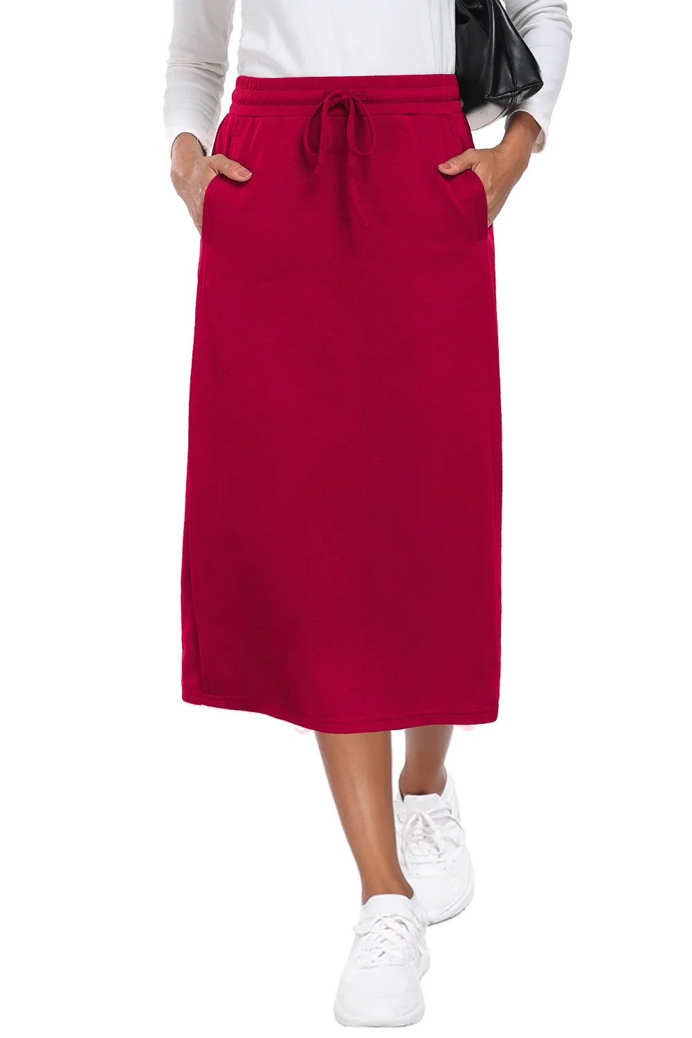 JWD Women's Skirts Elastic Waist Back Slit Wrap Flowy Maxi Skirt With pocket Wine Red M | Walmart (US)