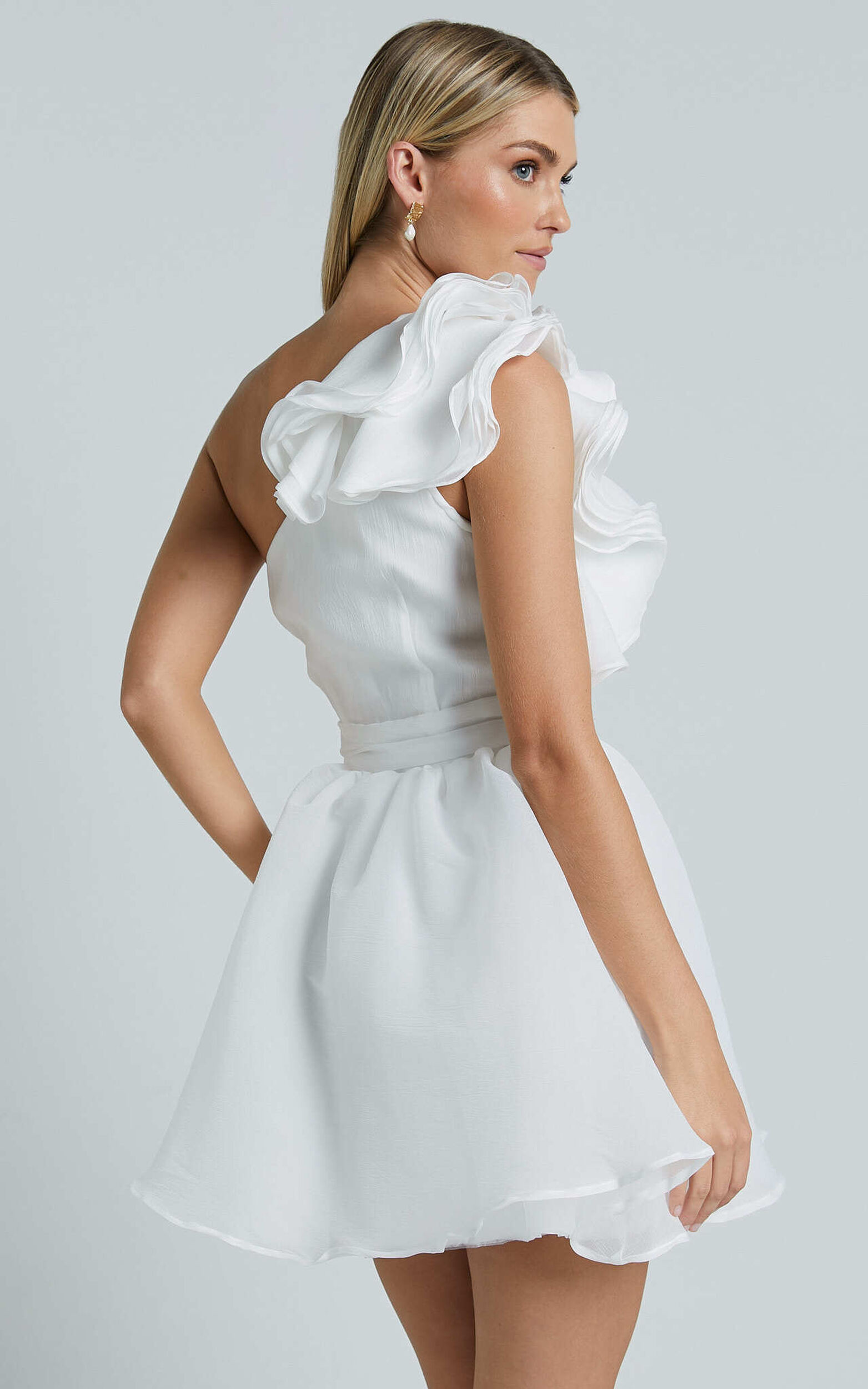 Avriella Mini Dress - One Shoulder Detail Fit & Flare in Ivory | Showpo (ANZ)