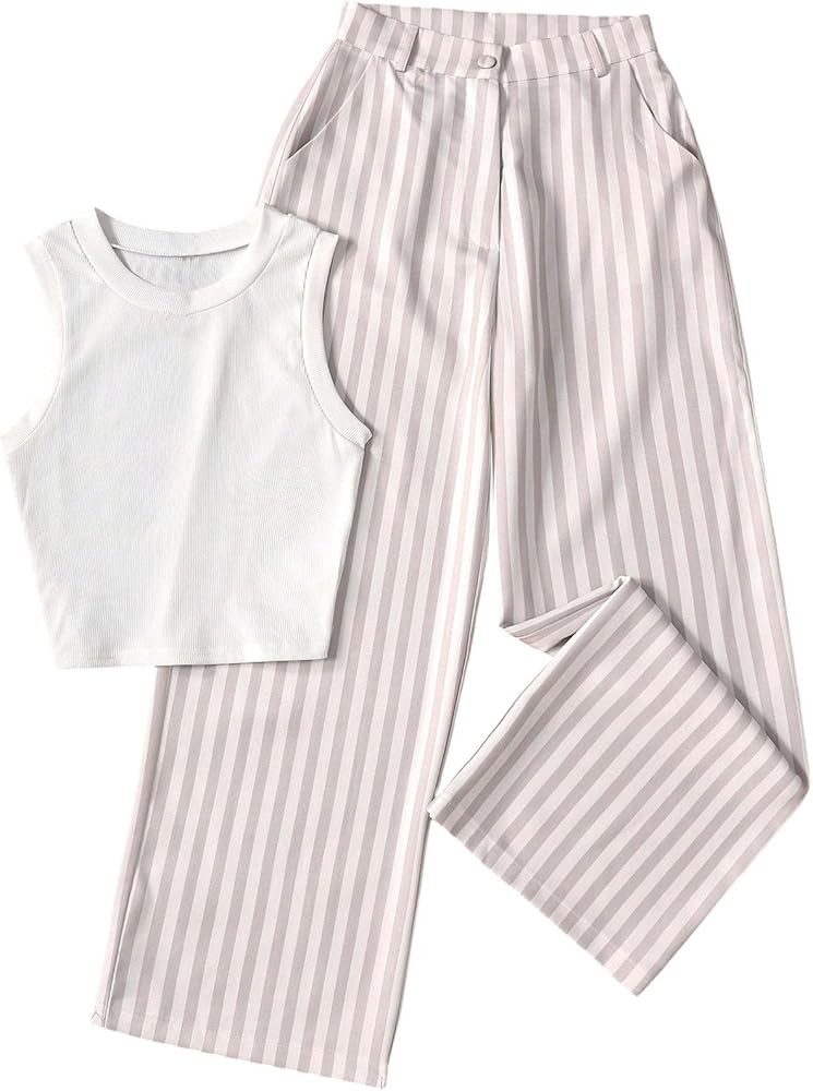 SOLY HUX Women's Matching Two Piece Set Crop Tank Top and Striped Pants Summer Outfits Office Wea... | Amazon (US)