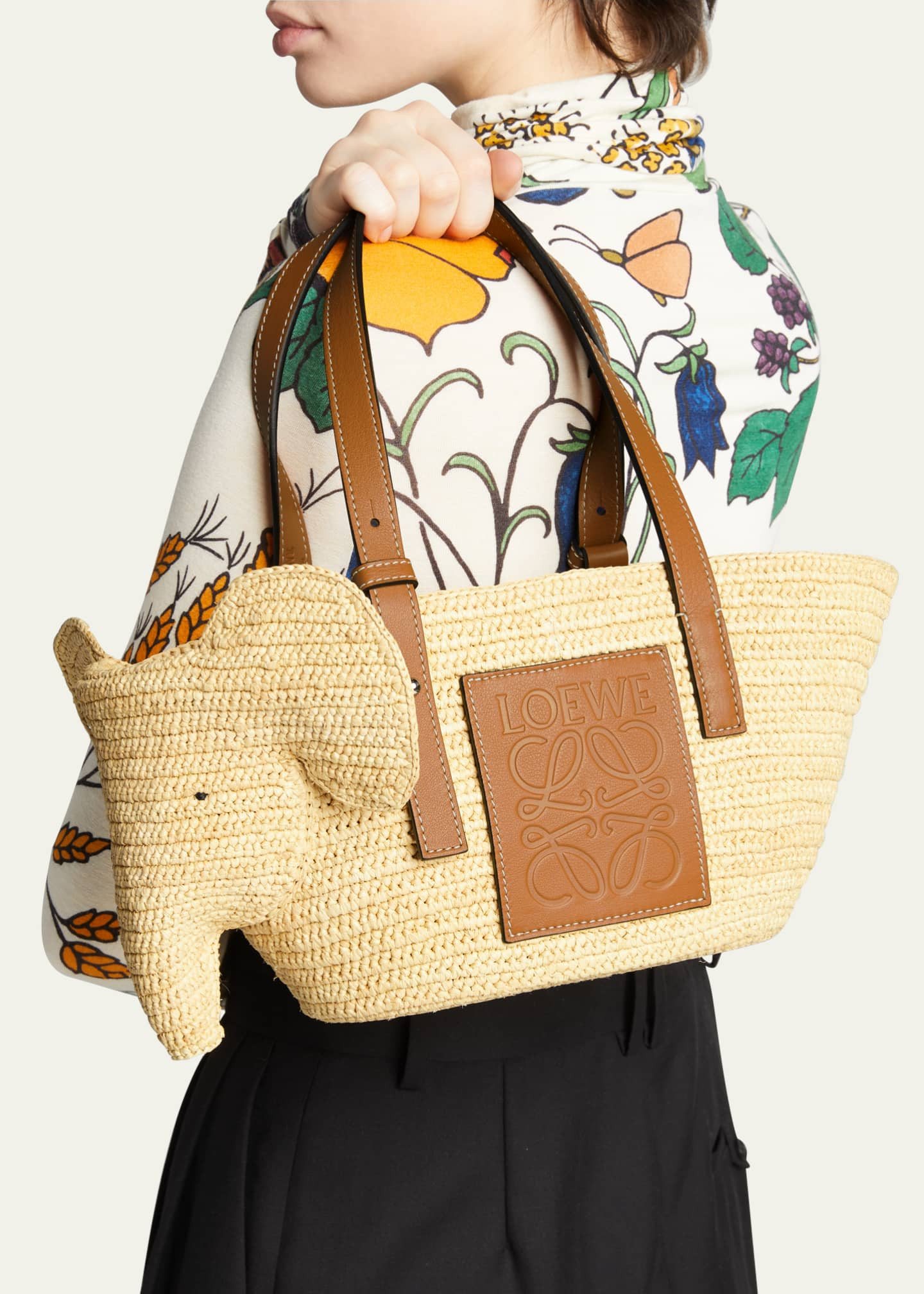 Elephant Small Raffia Basket Tote Bag | Bergdorf Goodman