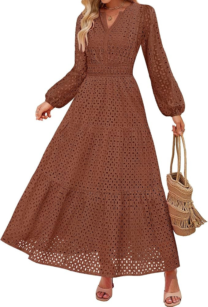 ZESICA Women's 2026 Fall Long Sleeve Eyelet Maxi Dress | V Neck Hollow Out A Line Flowy Casual Wi... | Amazon (US)