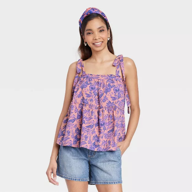 Women's Tie-Strap Tiered Tank Top - Universal Thread™ Pink Floral | Target