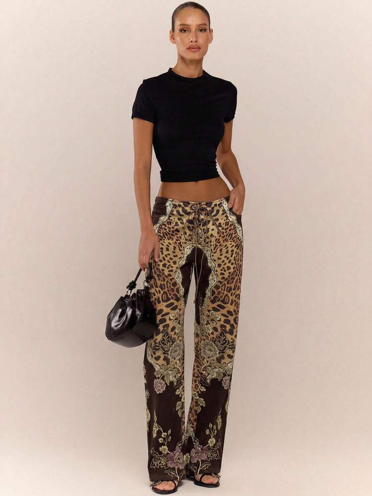 MUSERA Peacock Print Lace Up Straight Leg Printed Jeans Cool Girl Streetstyle Going Out Winter Sp... | SHEIN