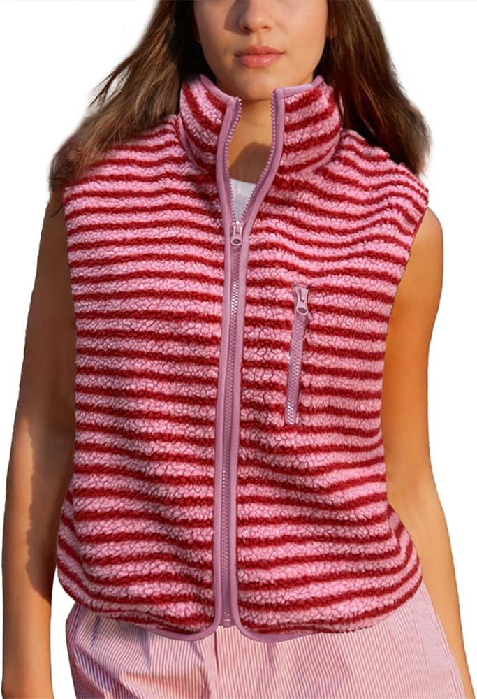 Colorful world Striped Fleece Vest Women High Neck Zip Up Sleeveless Teddy Sherpa Vest with Chest... | Amazon (US)