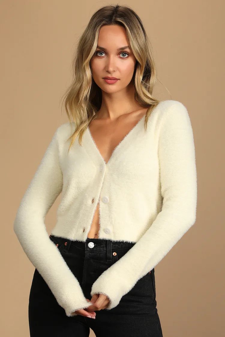 Winter Warmth Cream Eyelash Knit Fuzzy Cardigan Sweater | Lulus (US)