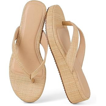 mikarka Women's Raffia Flip-Flops: Thong Style Platform Beach Sandals - Dressy & Casual Low Wedge... | Amazon (US)