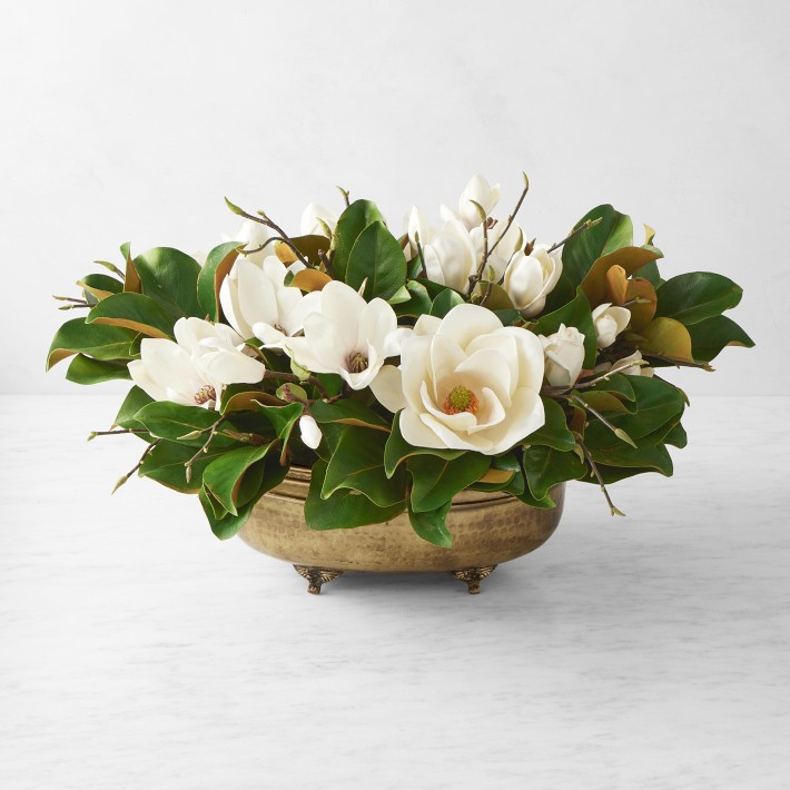 Faux Magnolia Arrangement in Brass Bowl | Williams-Sonoma