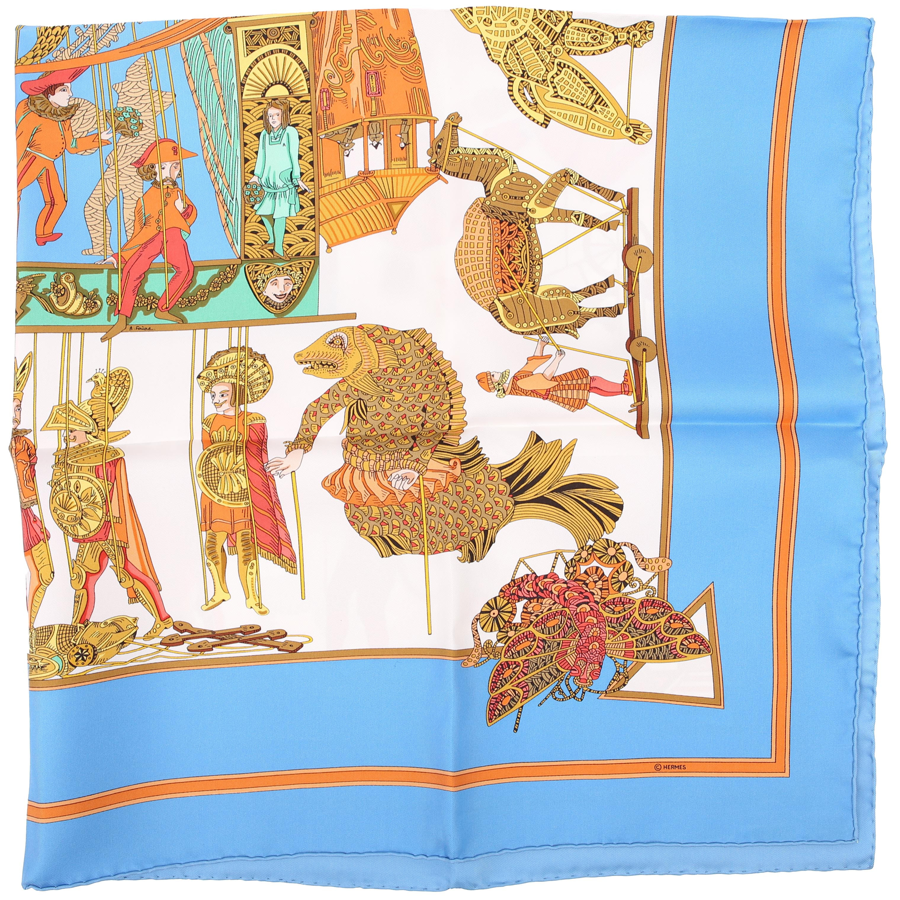 Le Temps De Marionnettes 90CM Silk Scarf Blue/Orange | Keeks Designer Handbags