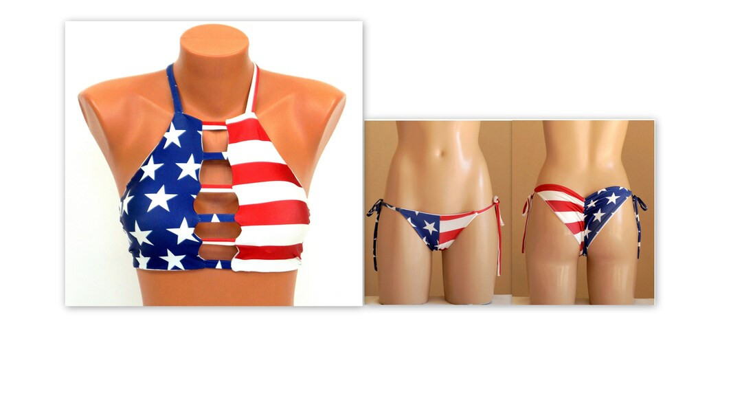 American Flag High Neck Halter Bikini Top Tie Side Scrunch Bottoms//swimwear//bathing Suit//swims... | Etsy (US)