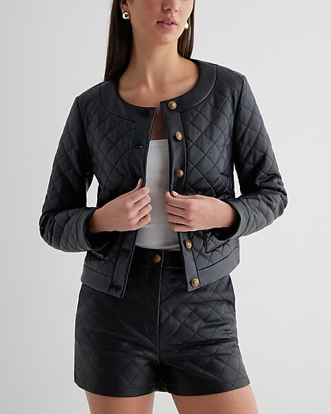 Faux Leather Quilted Novelty Button Jacket | Express