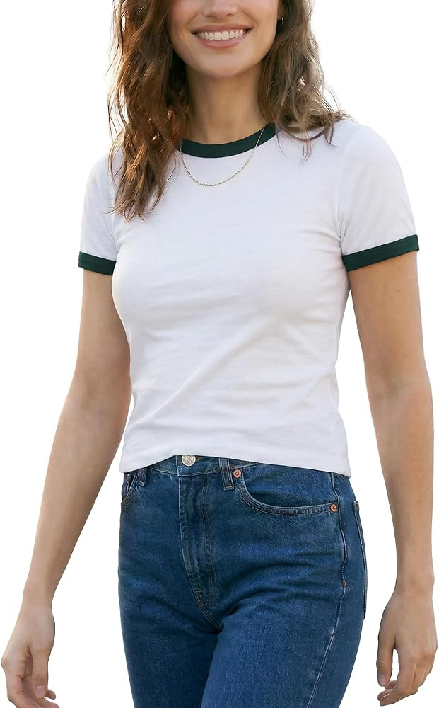 Zengjo Ringer Tee Women Crewneck Short Sleeve Plain Retro T-Shirts | Amazon (US)