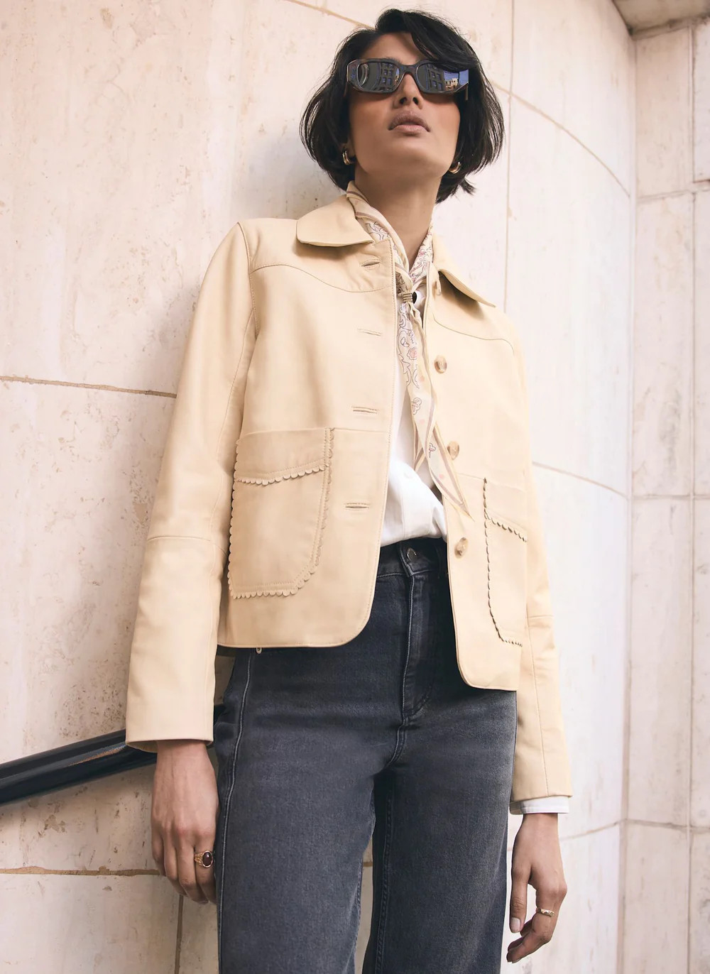 Butter Yellow Leather Scallop Detail Jacket | Mint Velvet