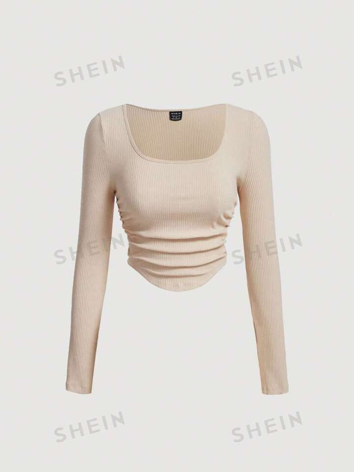 SHEIN MOD Solid Scoop Neck Ribbed Knit Tee | SHEIN