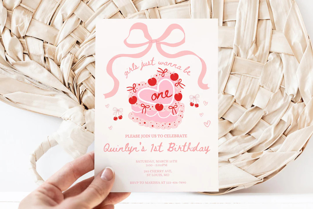 Girls Just Wanna Be One Invite, 1st Birthday Girl, Decor Bow Girls First Invitation Party, Vintag... | Etsy (US)